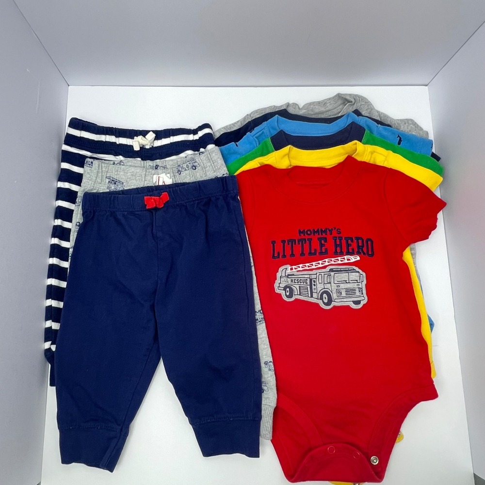 Carters Bodysuit Pants 9M Lot of 9 Fire Truck Monster Sloth Stripes Mix n Match